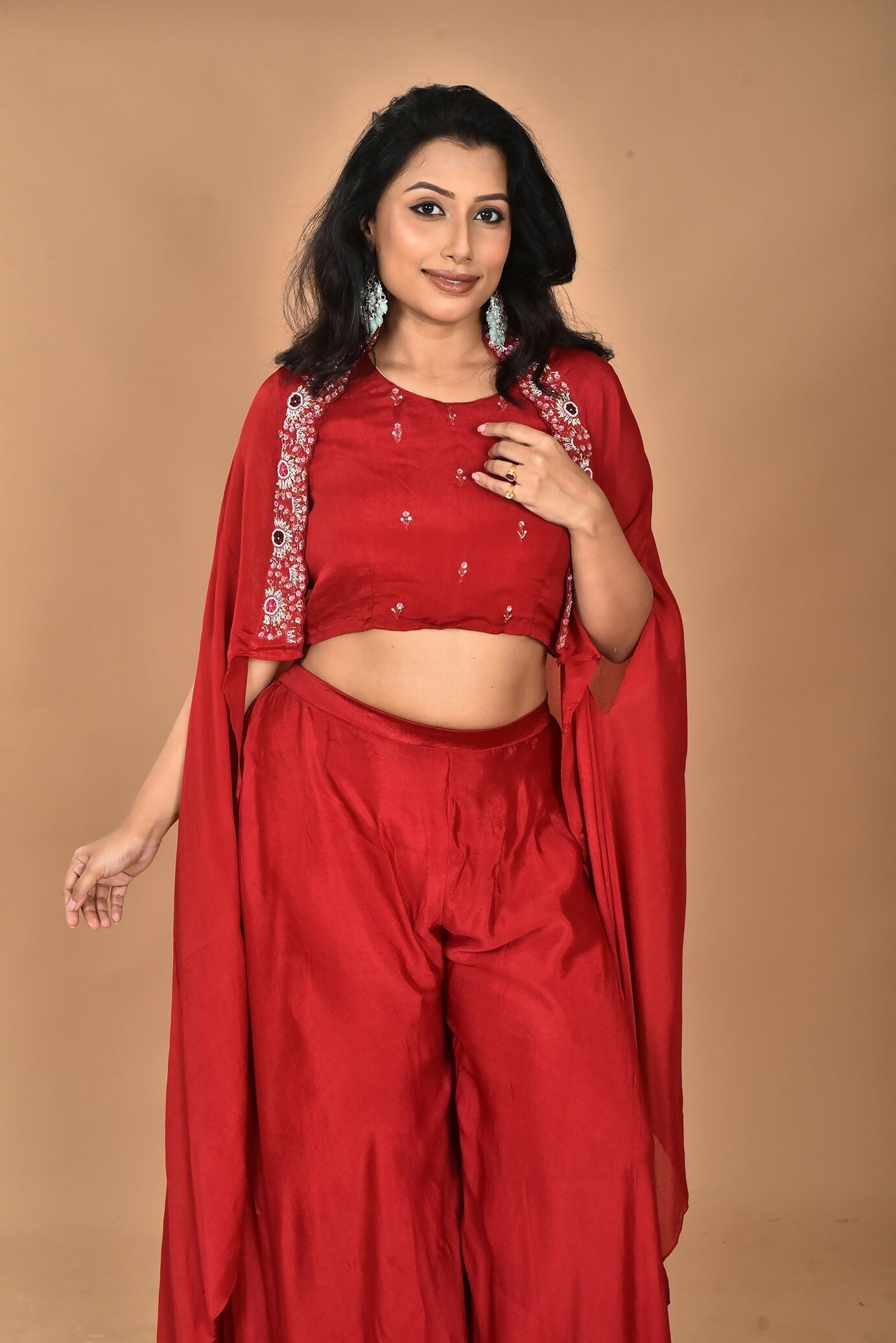 Morchari Women And Hand Embroidery Palazzo Set-Maroon 
