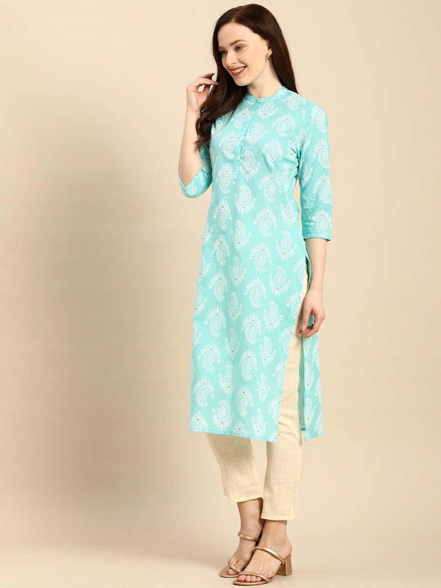 All About You Women Turquoise Blue & White Printed Pure Cotton Straight Kurta