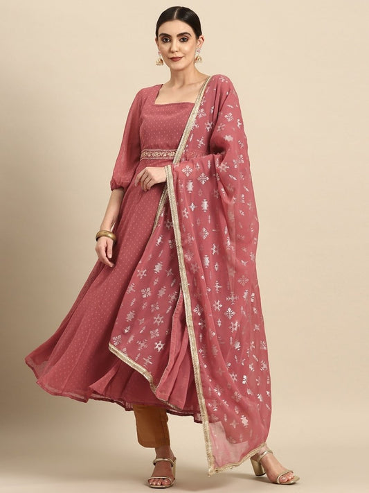 All About You Square Neck Dobby Weave A-Line Kurta With Dupatta