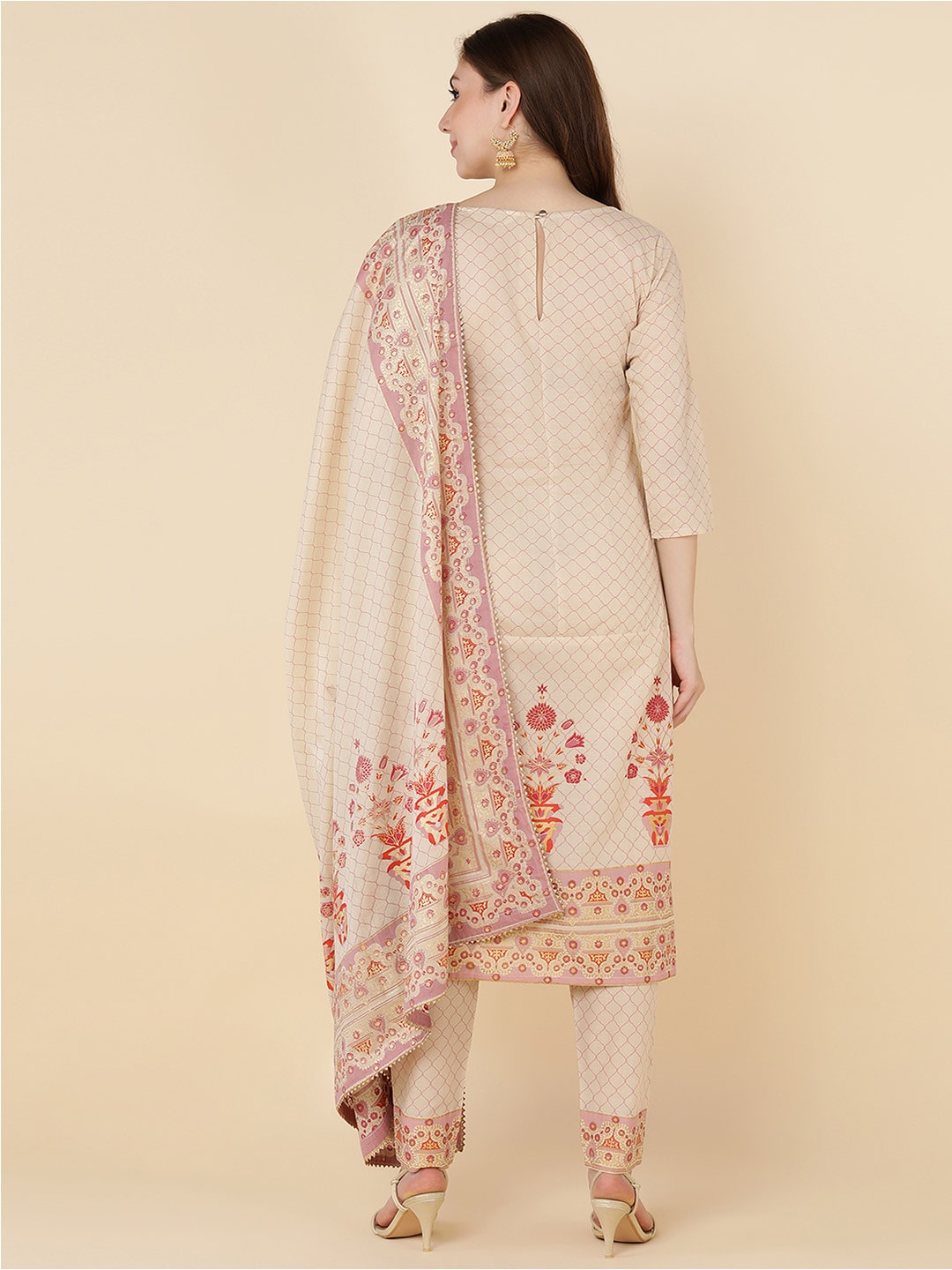 HERE&NOW Women Beige Ethnic Motifs Printed Pure Cotton Kurta with Trousers & Dupatta