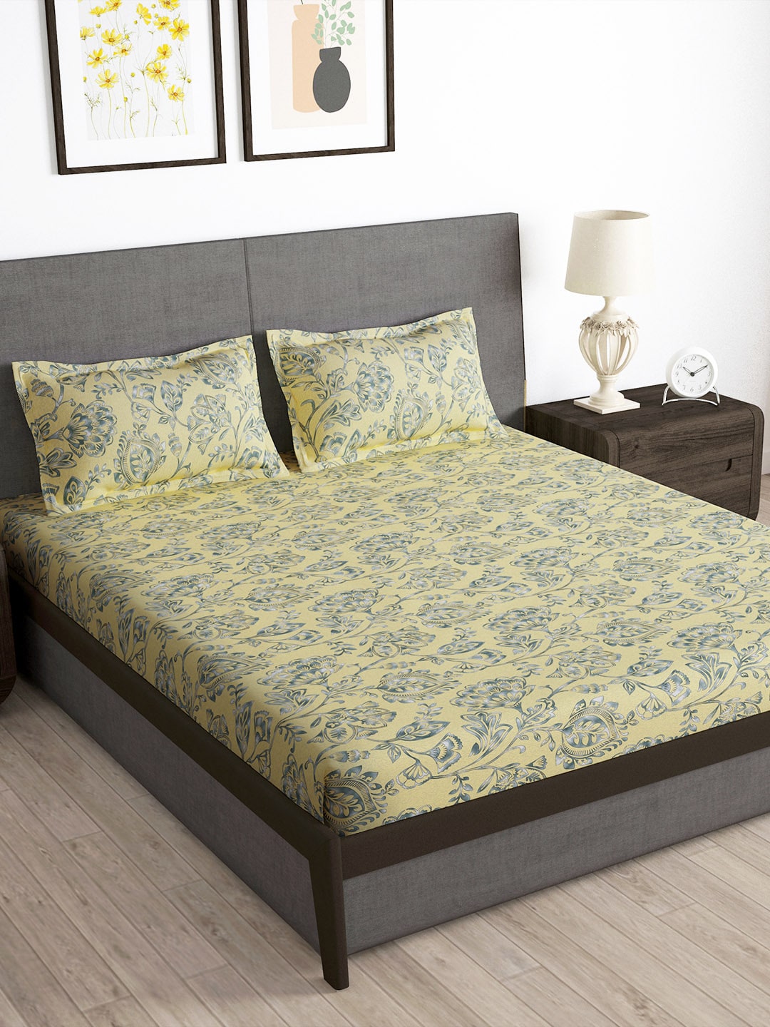 Story@home Arena Cream-Coloured & Grey Printed 180 TC Queen Bedsheet & 2 Pillow Covers | Grab2Buy