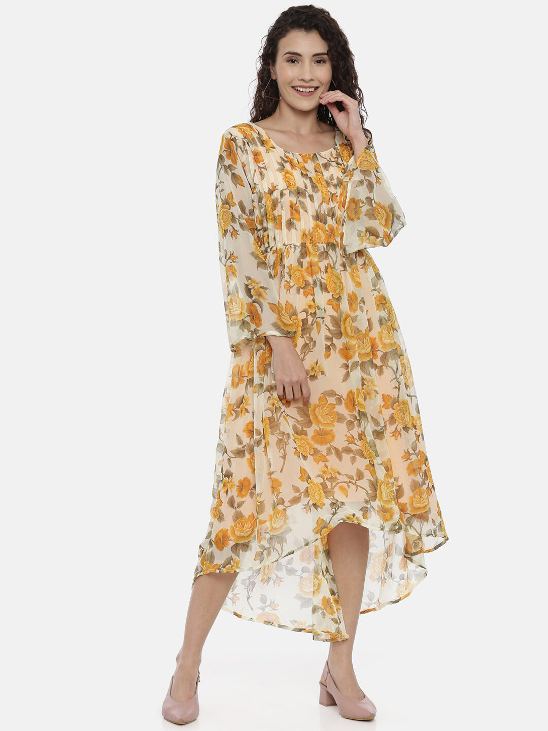 Souchii Women Cream-Coloured Floral Printed A-Line Dress 