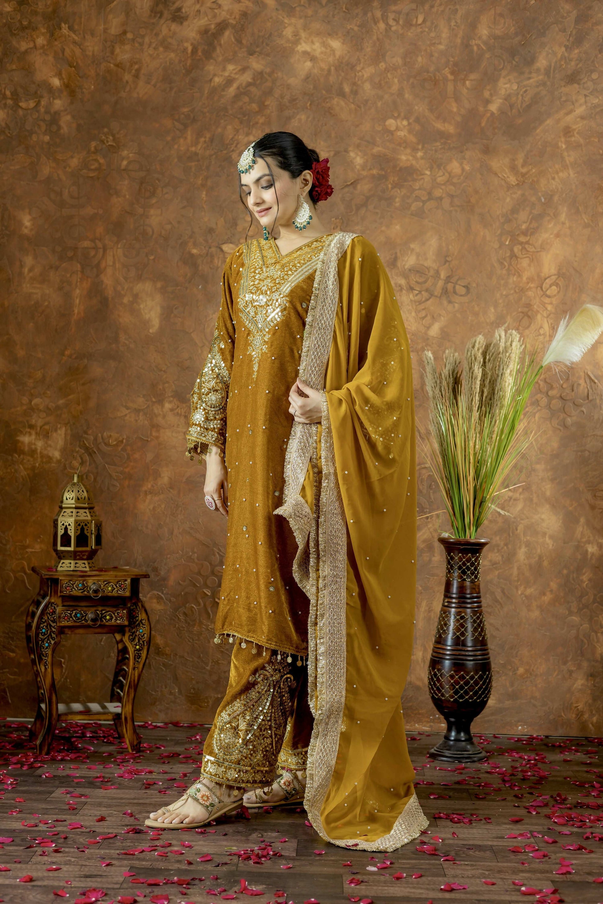 Teeya Creation Yellow Color Velvet Silk Embroidery Work Party Wear Suit  Grab2Buy Teeya Creation Grab2Buy