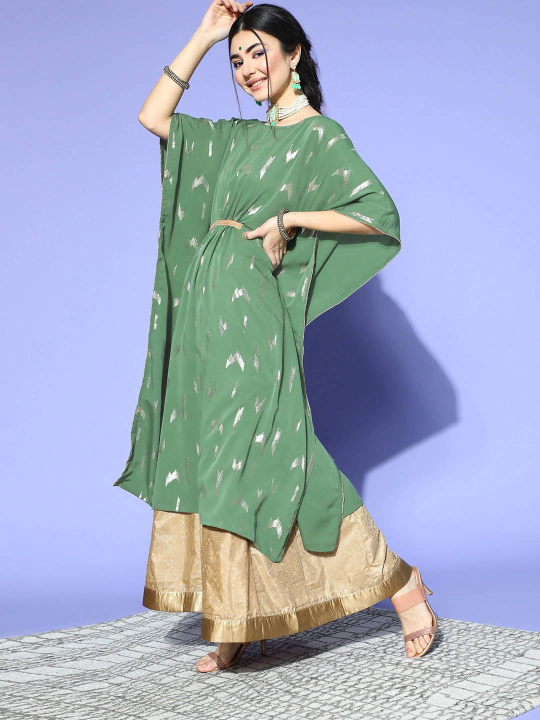 Janasya Women Green Geometric New Age Kaftan Kurta