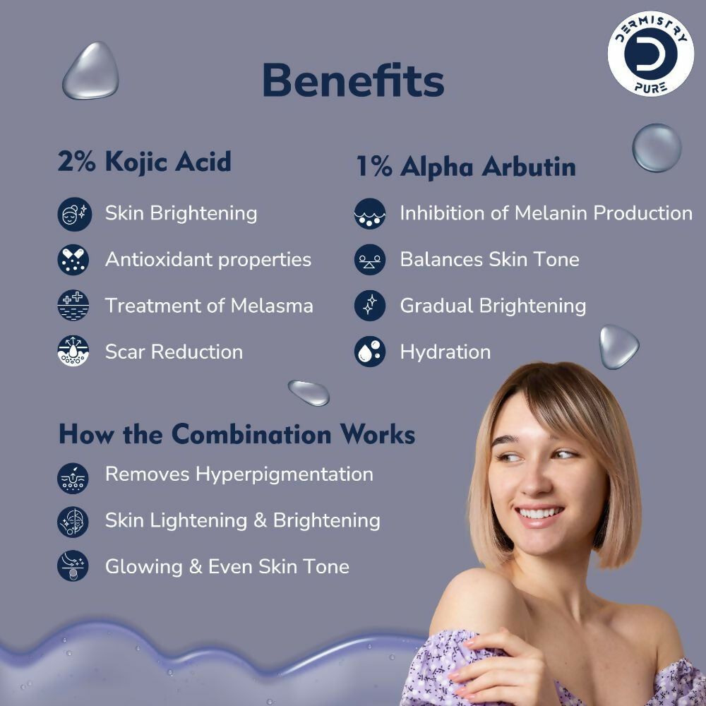 Dermistry Pure 2% Kojic Acid 1% Alpha Arbutin Instant Glowing Bright Light Pigmentation Spots Serum 
