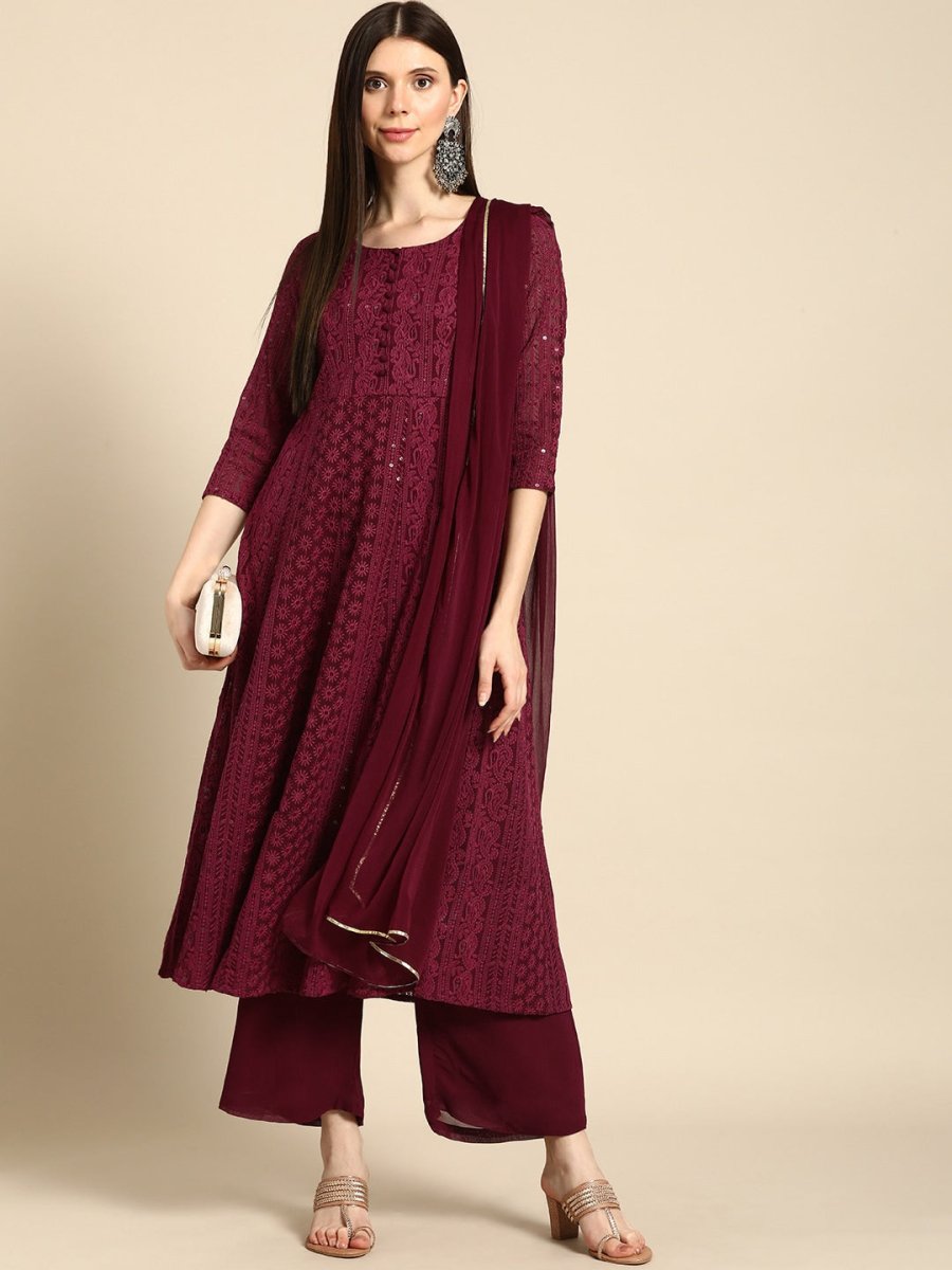 Anouk Women Maroon Ethnic Motifs Embroidered Chikankari Kurta with Palazzos & With Dupatta 