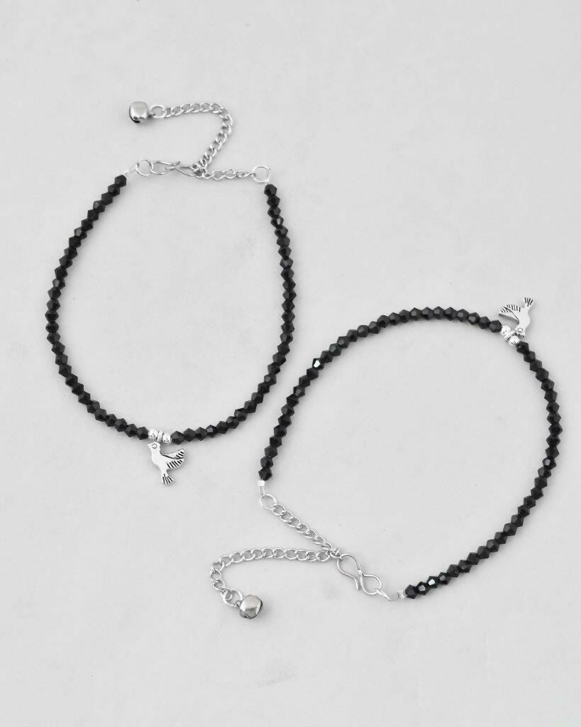 VOJ Set of 2 Bird Black Beads Anklet 
