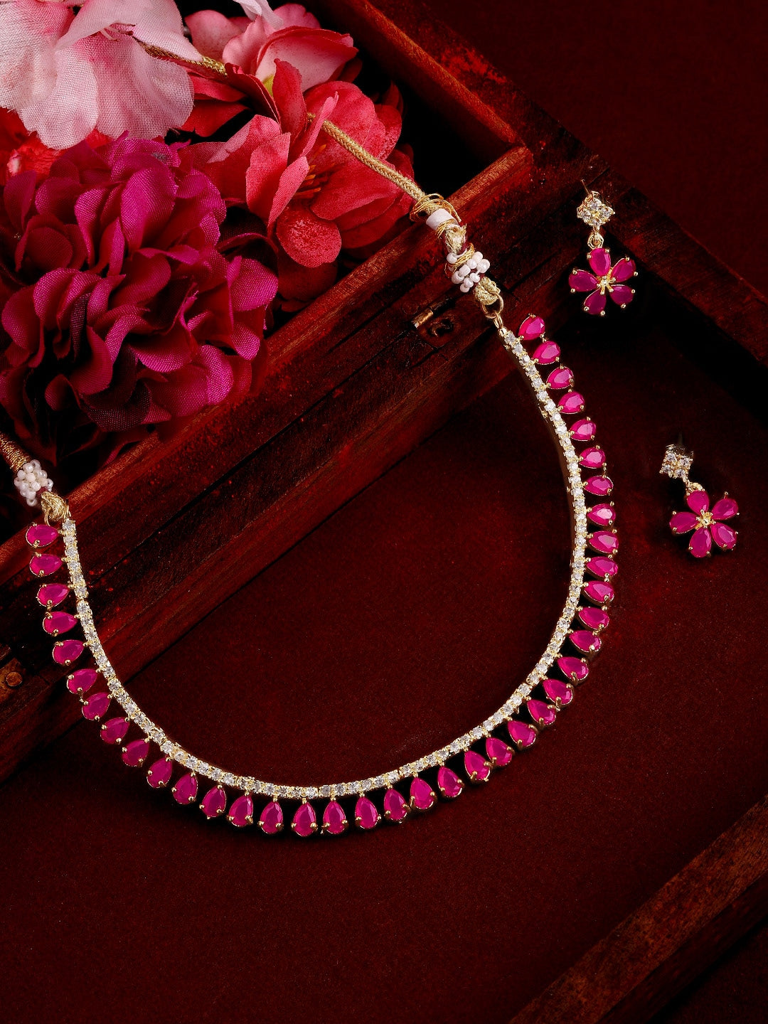 Gold-Polished Alloy Ruby Colour American Diamond Choker Necklace Set - The Pari | Swadesiicart