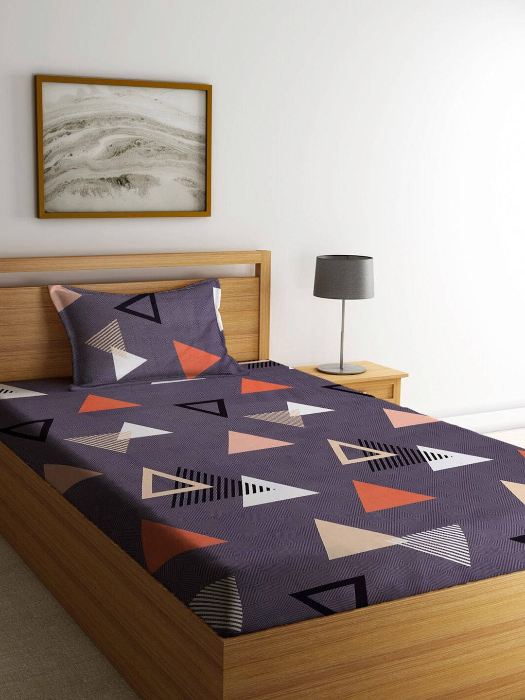 Home Sizzler Grey & White Geometric 144 TC Single Bedsheet with 1 Pillow Covers 