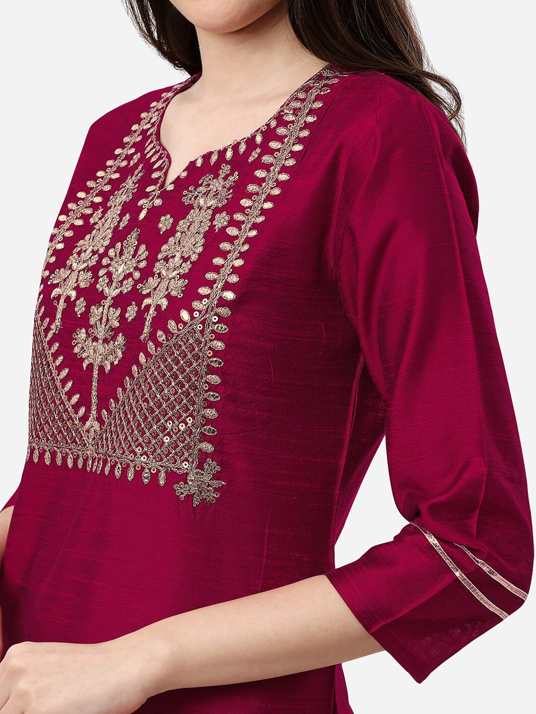 HERE&NOW Women Magenta & Golden Floral Embroidered Kurta
