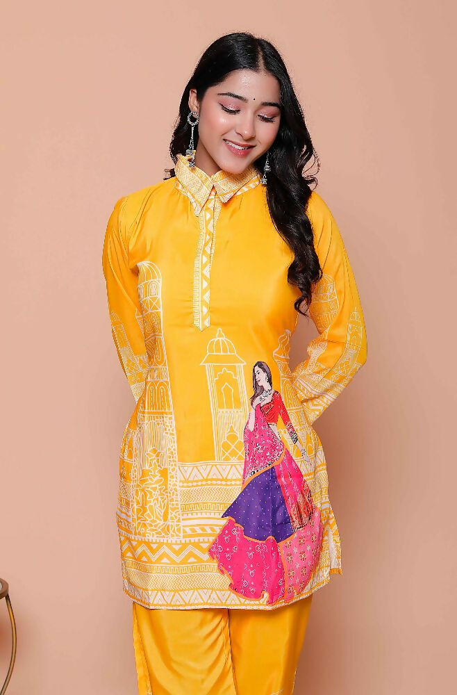 Miravan Womens Yellow Digital Printed Kurta Set