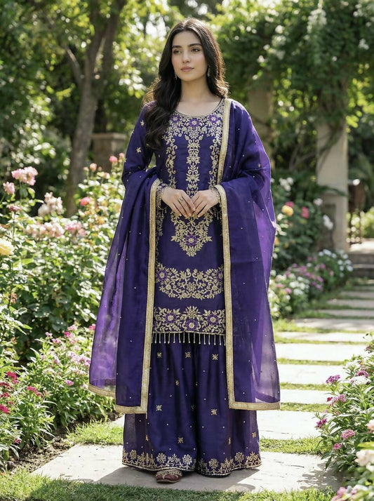 Teeya Creation Purple Gimmy Silk Designer Embroidery Work Wedding Wear Palazzo Pair