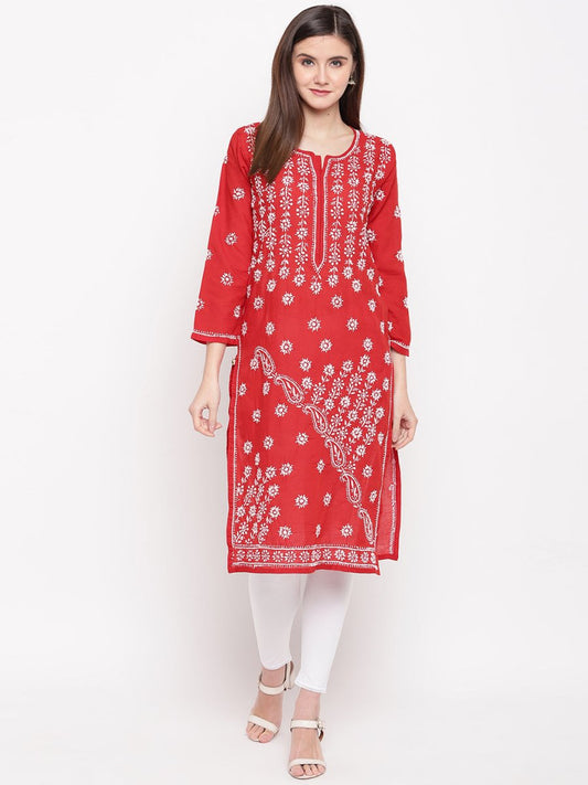 ADA Women Red & White Chikankari Hand Embroidered Straight Sustainable Kurta 