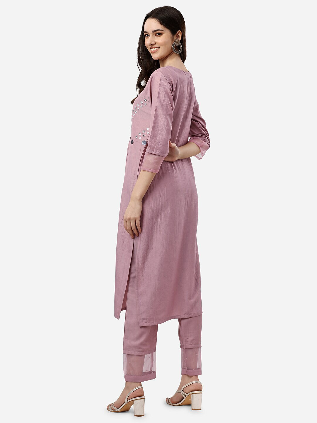 HERE&NOW Women Mauve Embroidered Pleated Mirror Work Kurta with Trousers