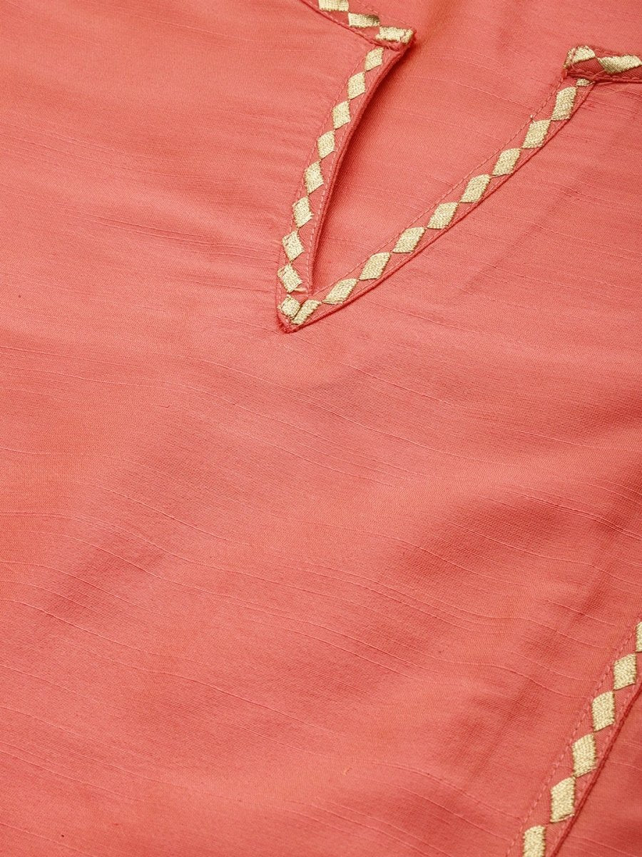All About You Women Peach-Coloured Embroidered Kurta with Trousers