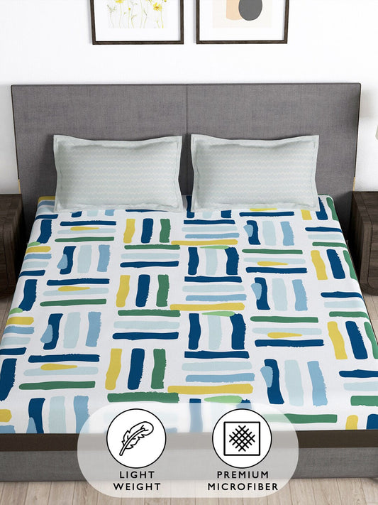 Story@home Arena White & Blue Geometric Printed 180 TC Queen Bedsheet & 2 Pillow Covers 