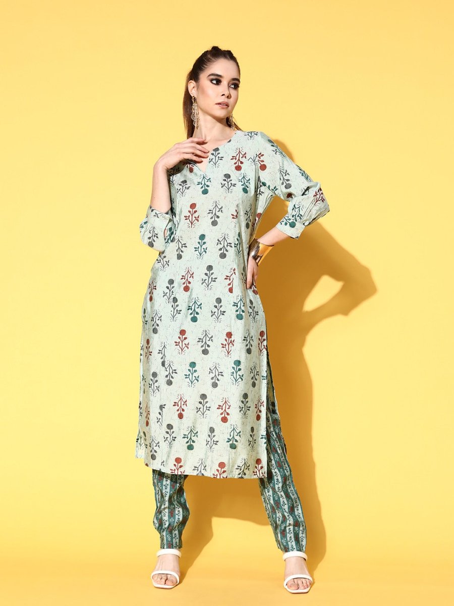 All About You Women Calm Green Ethnic Motifs Print Parade Kurta with Trousers