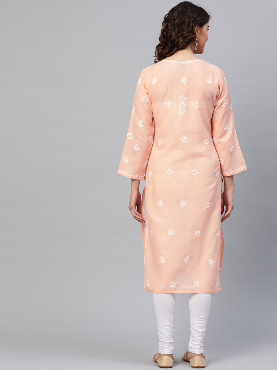 ADA Women Peach-Coloured & White Chikankari Embroidered Cotton Straight Sustainable Kurta 