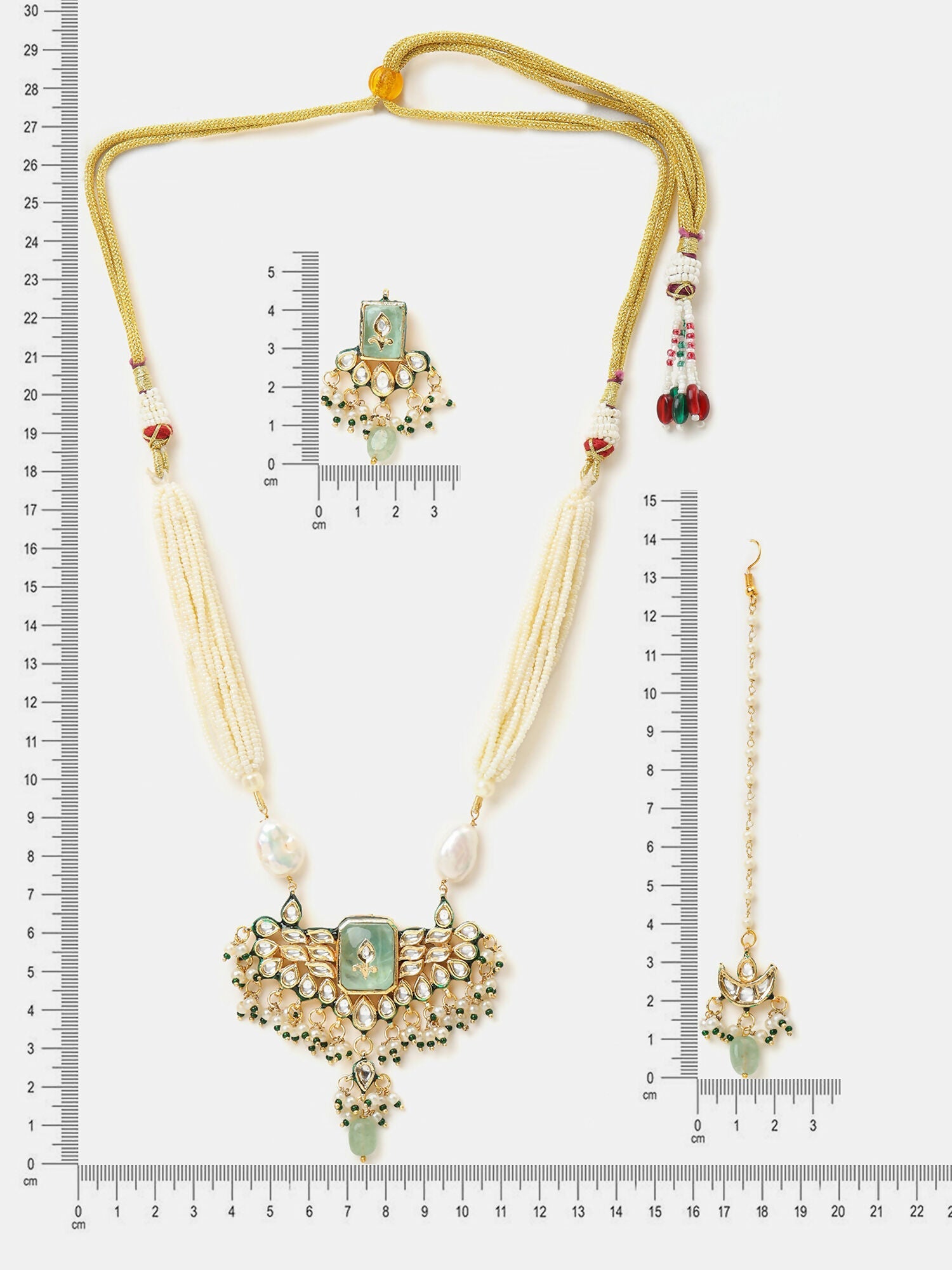 Ruby Raang Pearl Glow Necklace With Matching Earrings And Maang Tikka