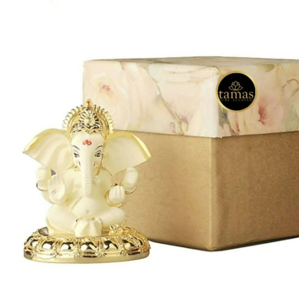 Tamas Gaj Karna Ganesh Idol | Off White & Gold | Brass Pooja Decor 