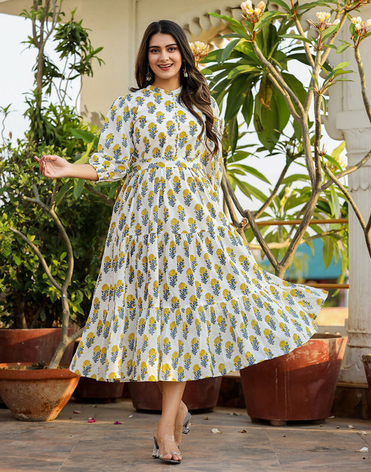 Kaajh Women's White-Yellow Ethnic Floral Hand Block Print Cotton Dress