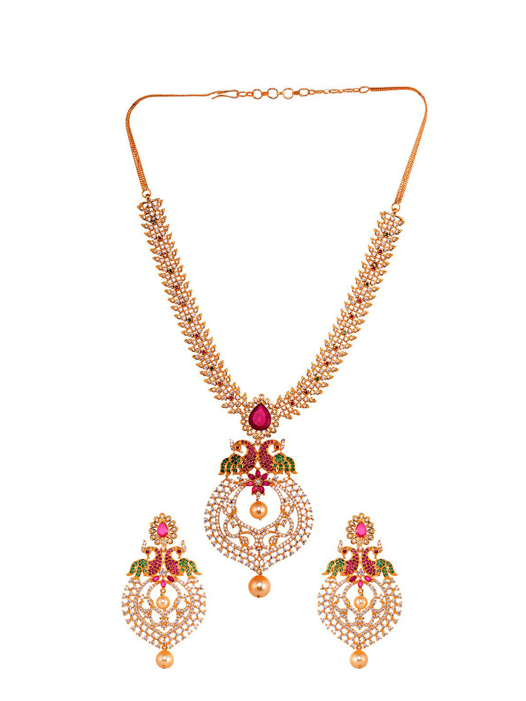 Saraf RS Jewellery Gold-Plated Green & Pink American Diamond Studded & Beaded Handcrafted Jewellery Set - Grab2buy