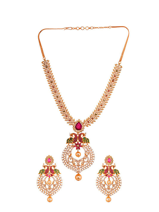 Saraf RS Jewellery Gold-Plated Green & Pink American Diamond Studded & Beaded Handcrafted Jewellery Set - Grab2buy
