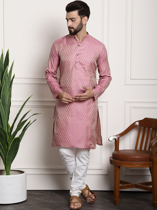Sojanya Men Pink & Off-White Woven Design Kurta with Churidar 
