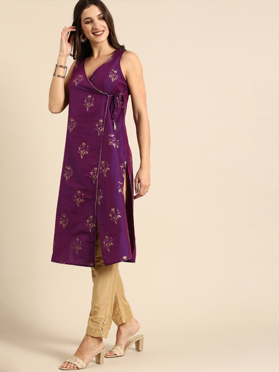 All About You Women Purple Ethnic Motifs Foil Printed Angrakha Kurta Set