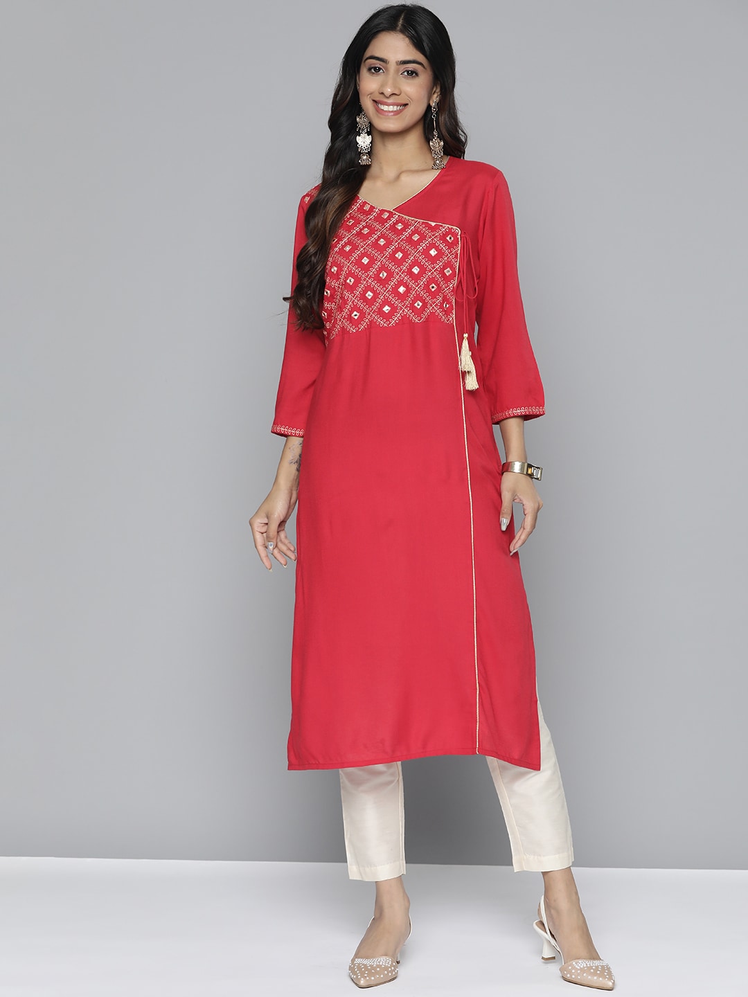 HERE&NOW Women Pure Cotton Ethnic Motifs Mirror Work Angrakha Kurta