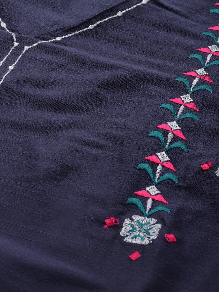 All About You Women Navy Blue Embroidered Regular Thread Work Kurta with Trousers