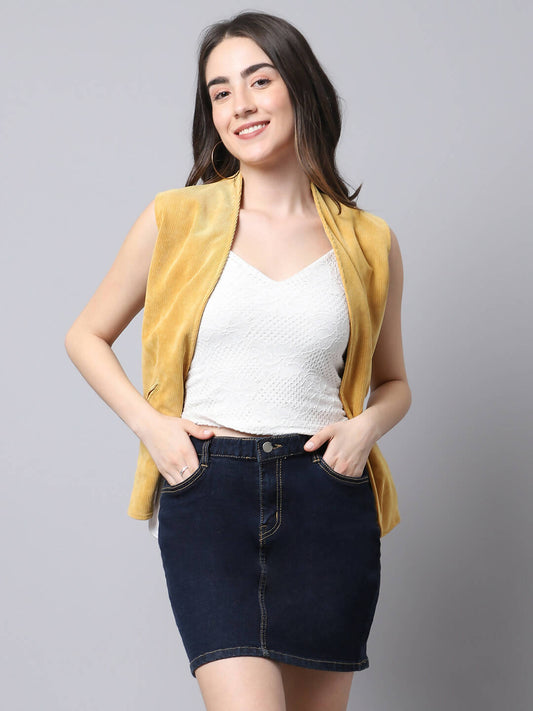 Even Apparels Mustard Polyblend Open Front Women's Waistcoat - Grab2buy