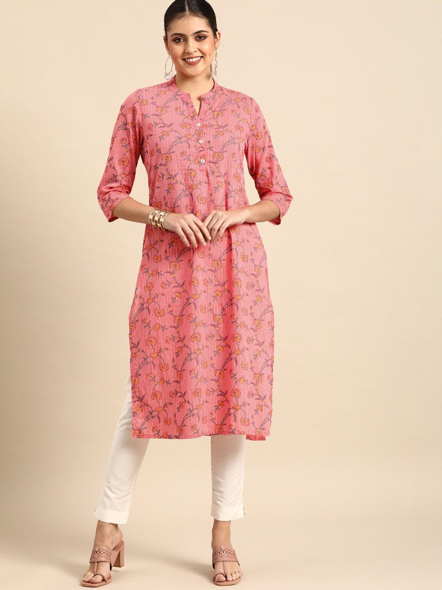 All About You Women Pink & Yellow Floral Printed Kurta