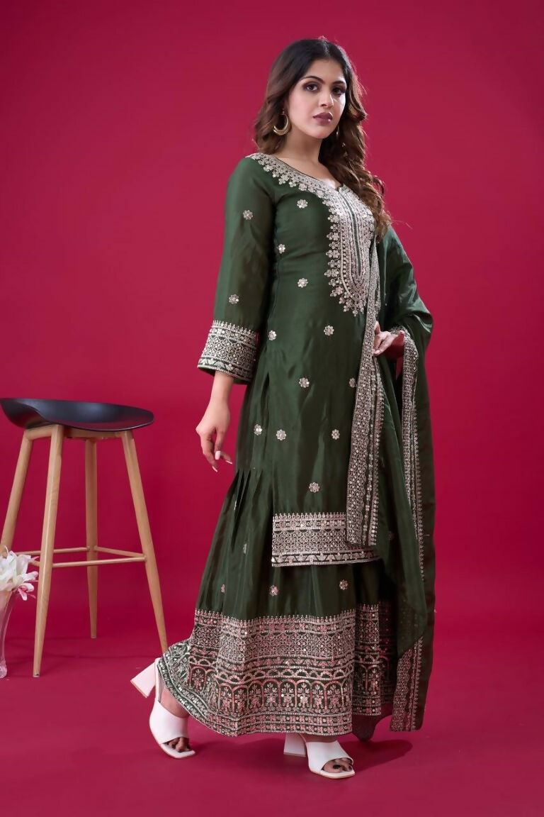 Teeya Creation Green Colour Chinnon Silk Heavy Embroidery Work Fully Stitched Salwar Suit