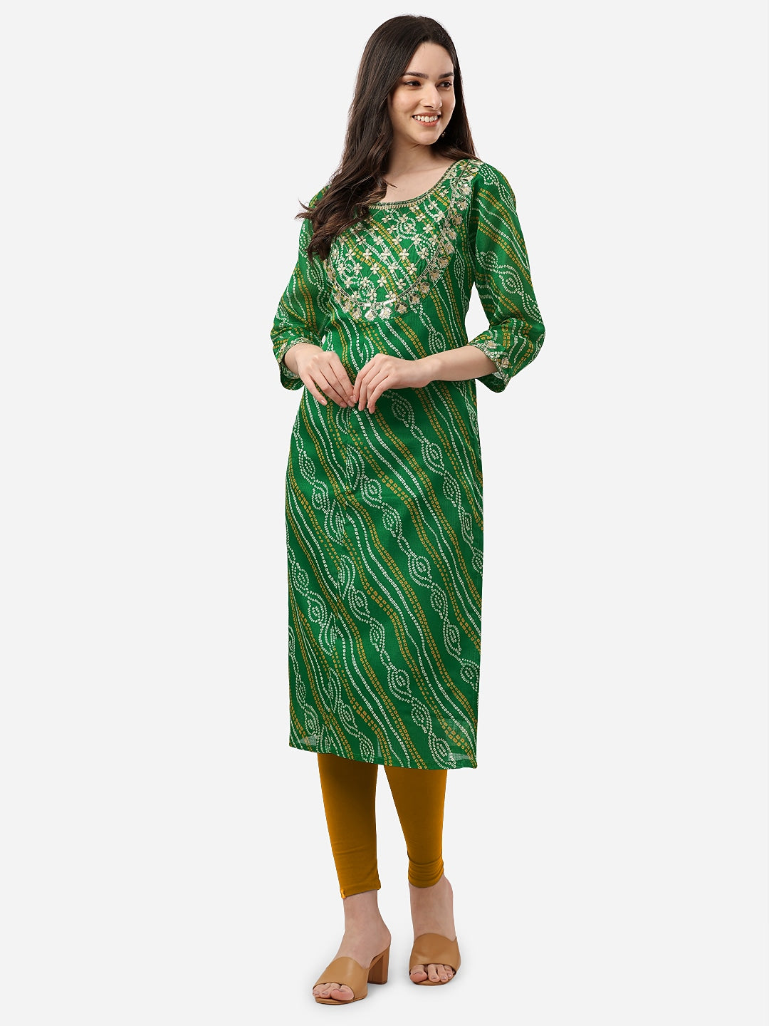 HERE&NOW Women Green Leheriya Printed Pure Cotton Kurta 
