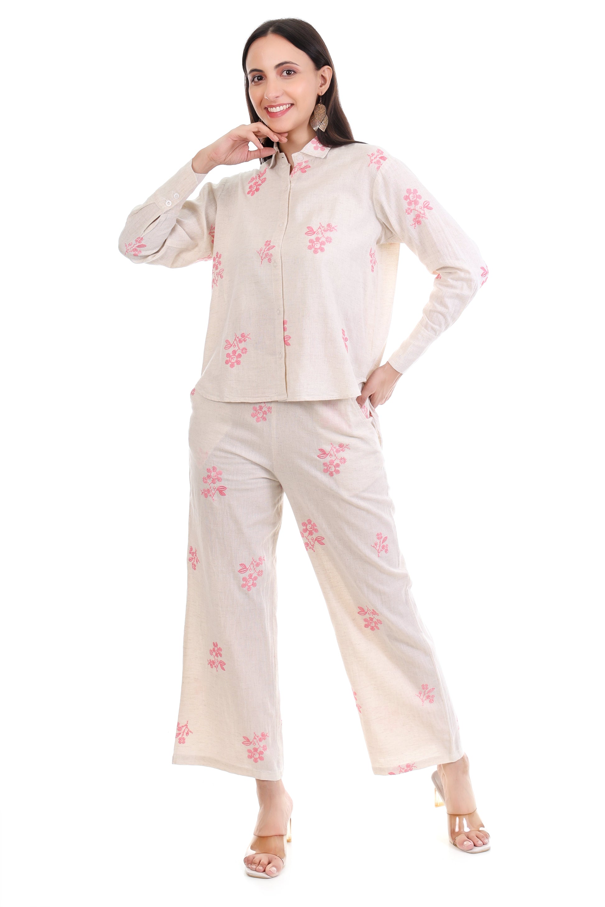 Jaitra Apparels Off White Embroidered Premium Pure Cotton Co-Ord Set For Women 