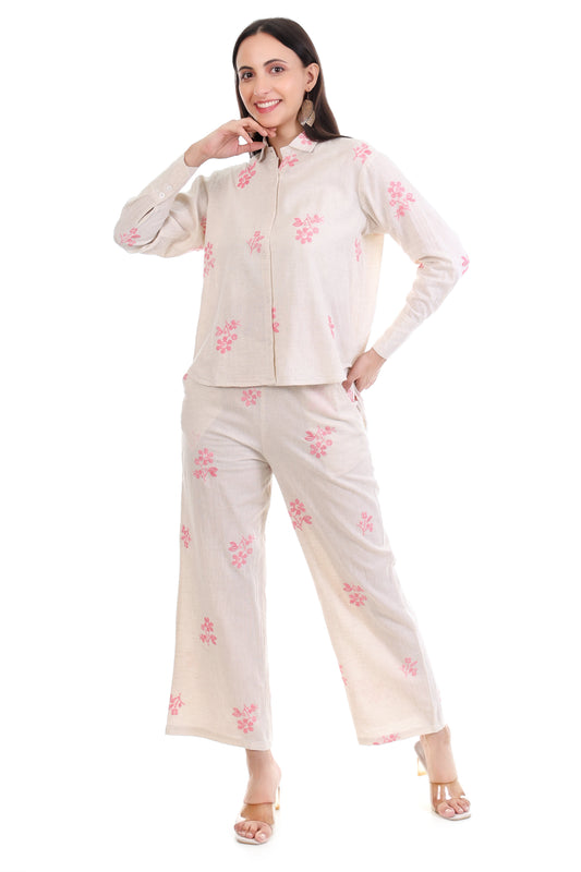 Jaitra Apparels Off White Embroidered Premium Pure Cotton Co-Ord Set For Women 