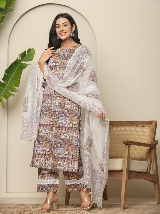 Yufta Beige Cotton Geometric Print Straight Kurta Pant Dupatta Set