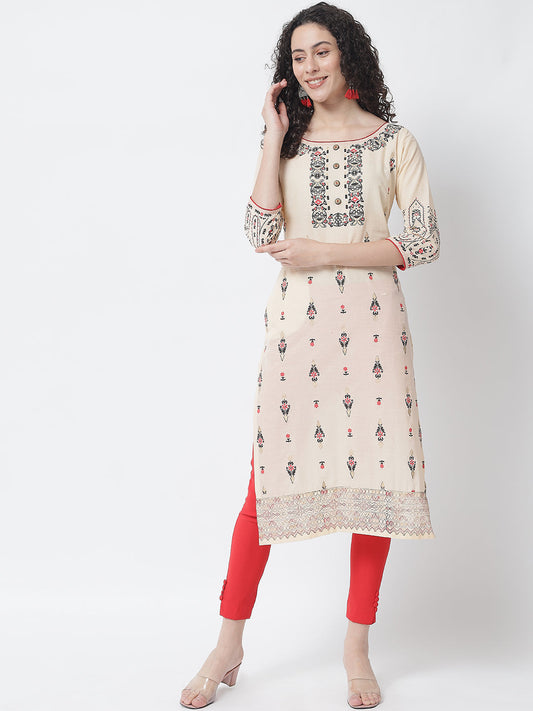NOZ2TOZ Beige Ethnic Motifs Printed Block Print Cotton Kurta - Grab2buy