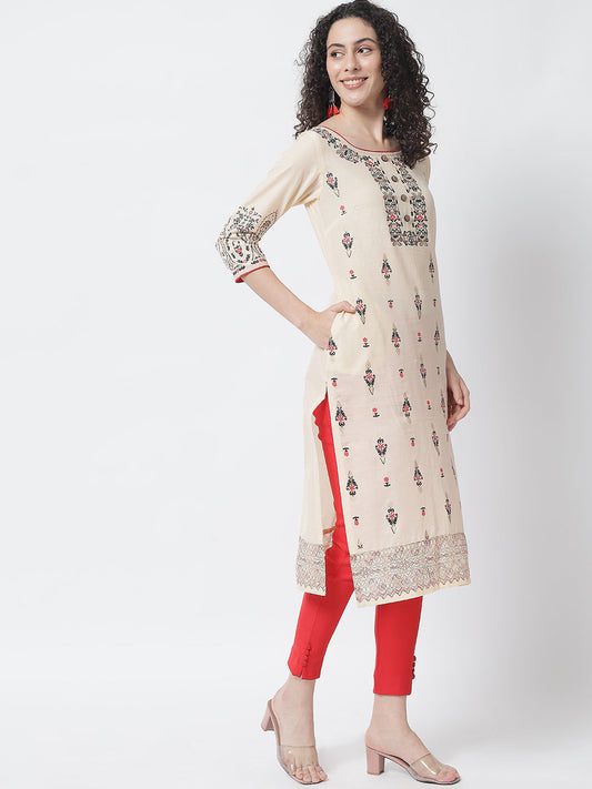 NOZ2TOZ Beige Ethnic Motifs Printed Block Print Cotton Kurta - Grab2buy