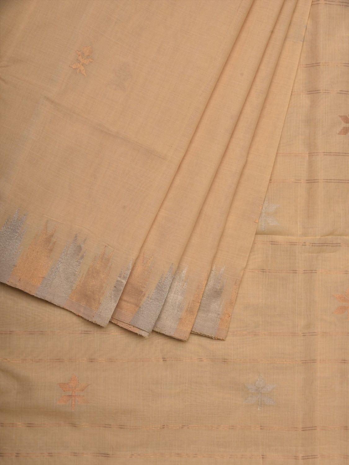 Beige Khadi Cotton Handloom Grab2Buy with Temple Border Design - Global Threads 