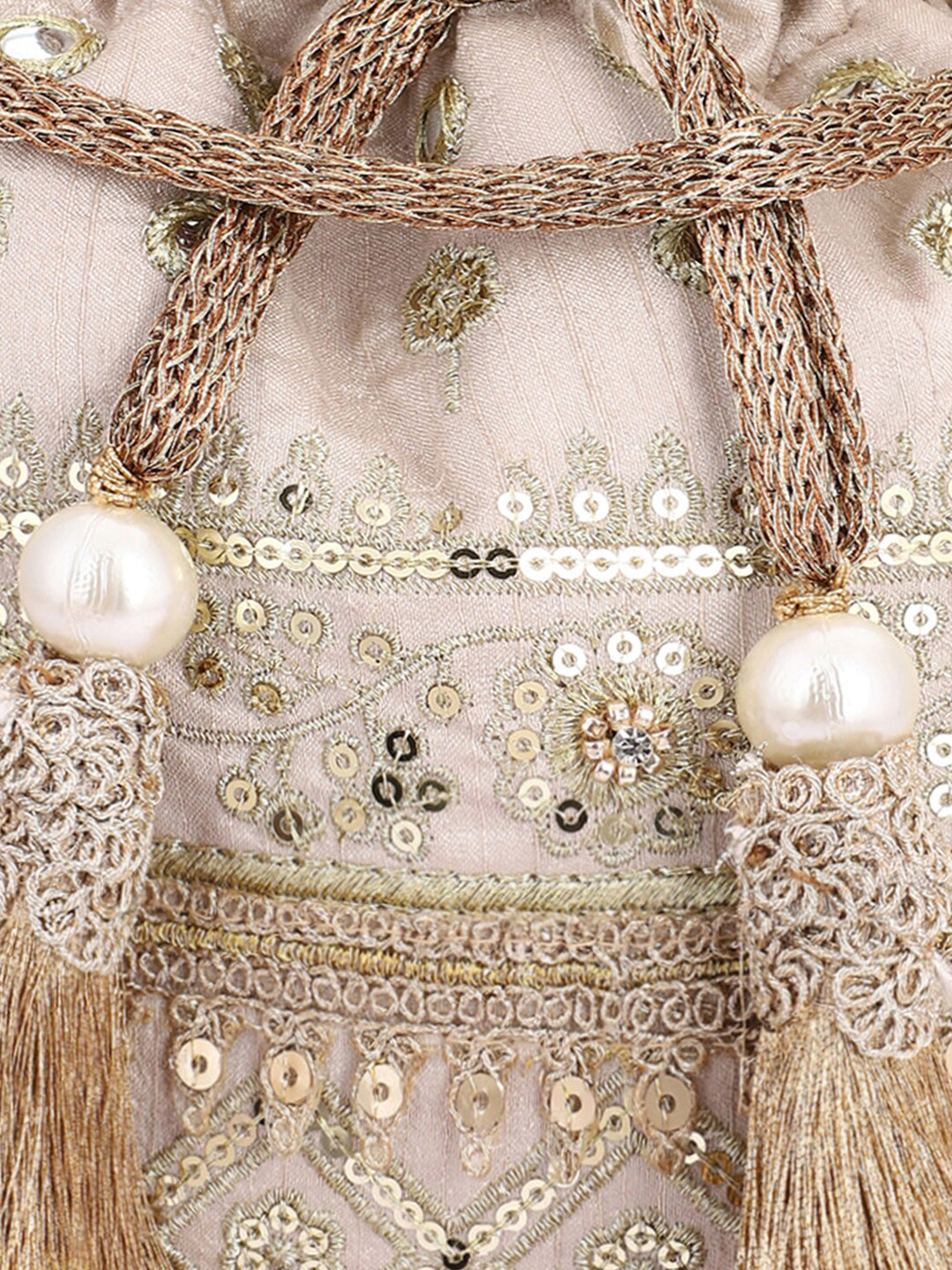 Masq Women Beige & Gold-Toned Embellished Potli - Grab2buy