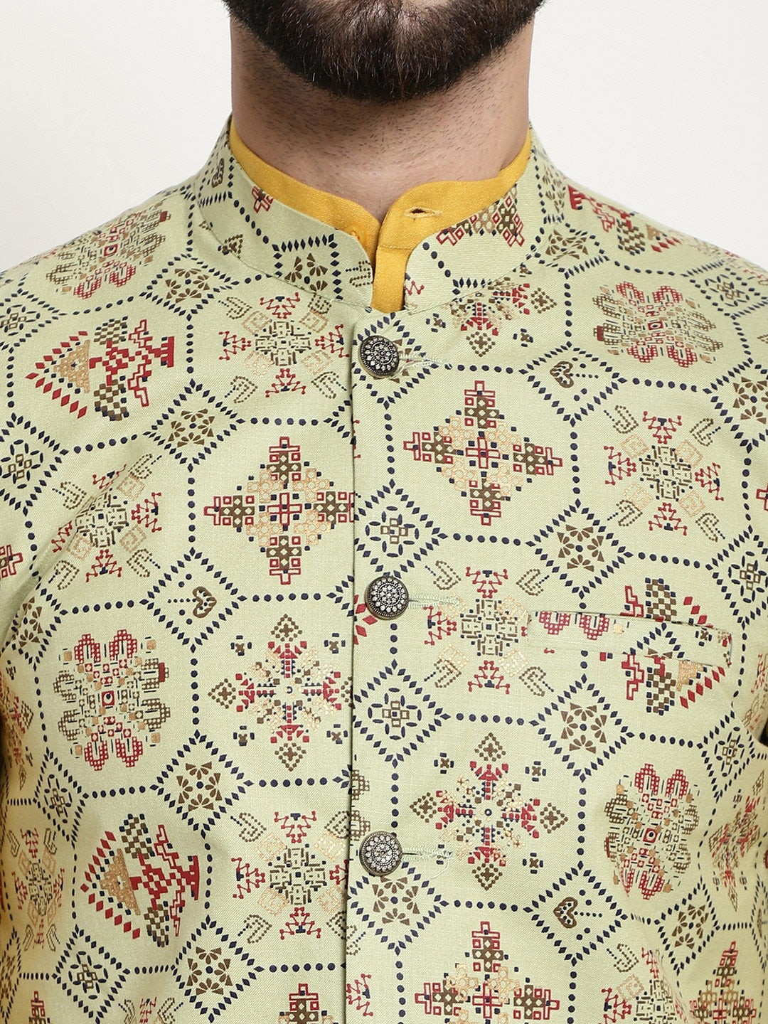 Sojanya Men Mustard Yellow Pure Cotton Kurta with Churidar & Nehru Jacket 