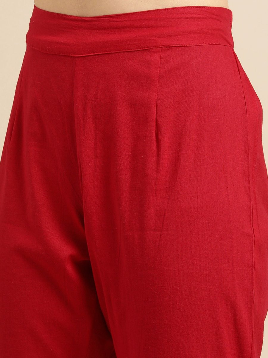 All About You Women Red Floral Printed Pure Cotton Kurta with Trousers