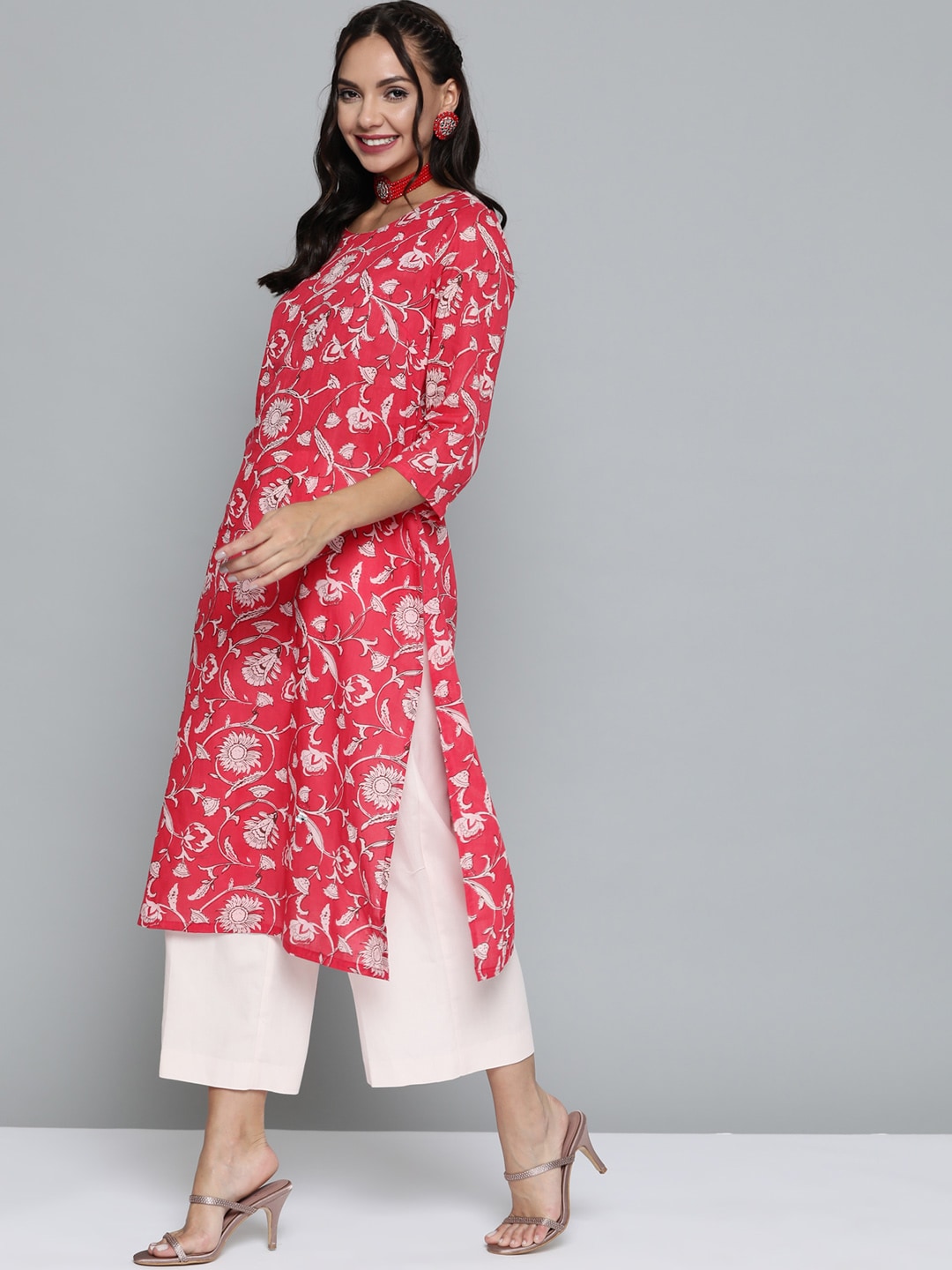 HERE&NOW Women Pink & Off White Pure Cotton Ethnic Motifs Printed Straight Kurta