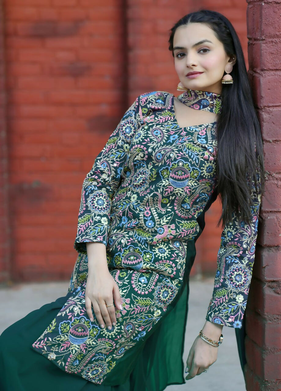 Joban Fashion Green Silk Embroidered Sharara Set
