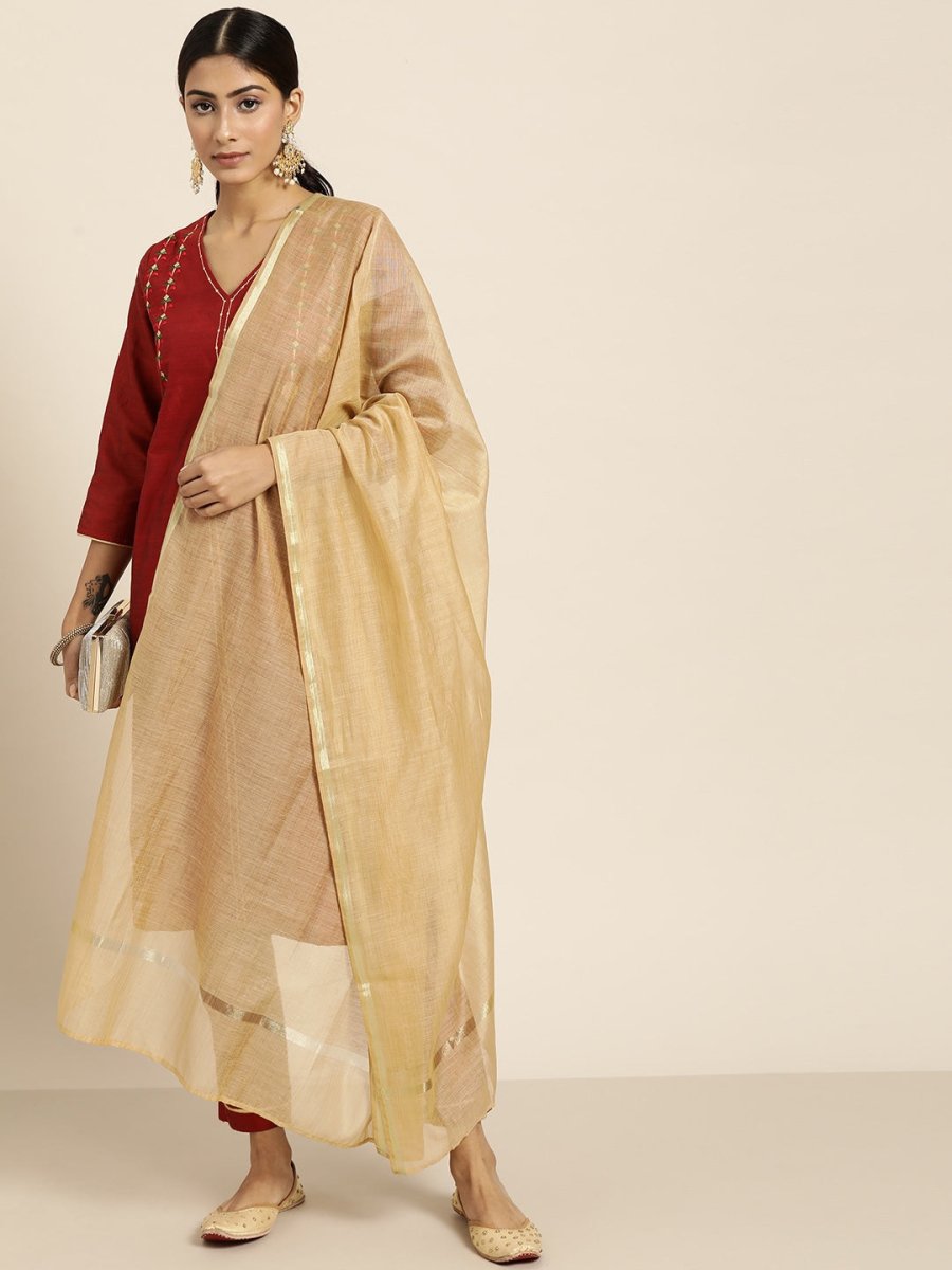 All About You Women Maroon & Golden Embroidered Regular Kurta with Trousers & Dupatta