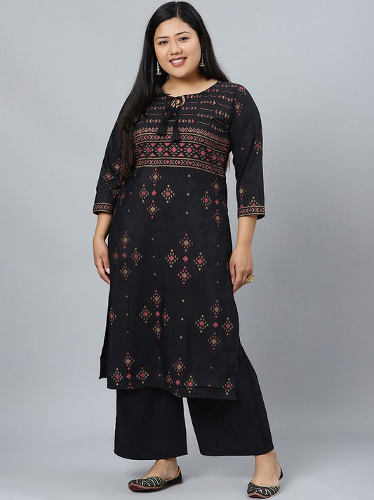 Sztori Plus Size Black Printed Keyhole Neck Straight Kurta with Palazzos