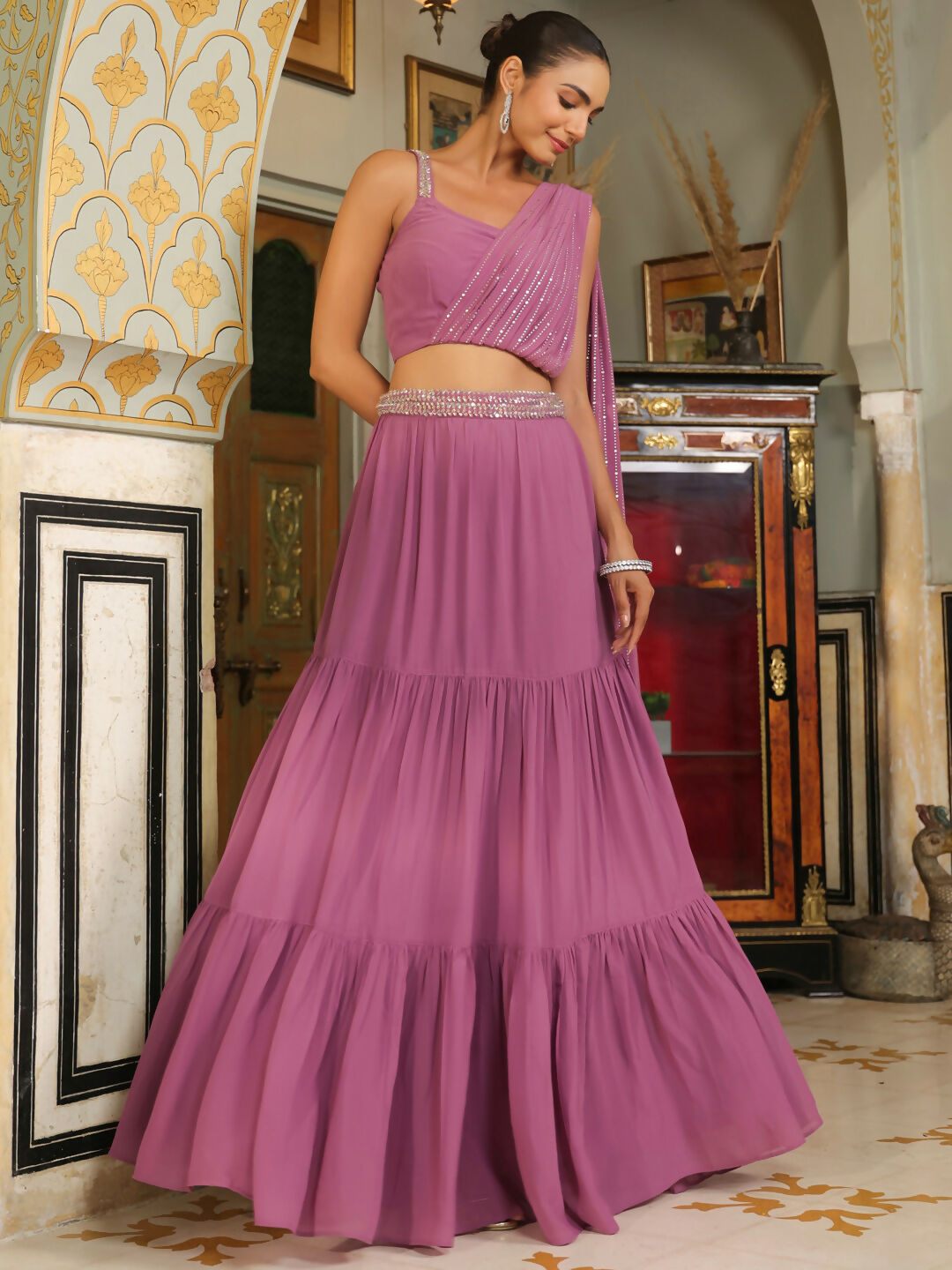Janasya Lavender Georgette Foil Print Lehenga Choli 
