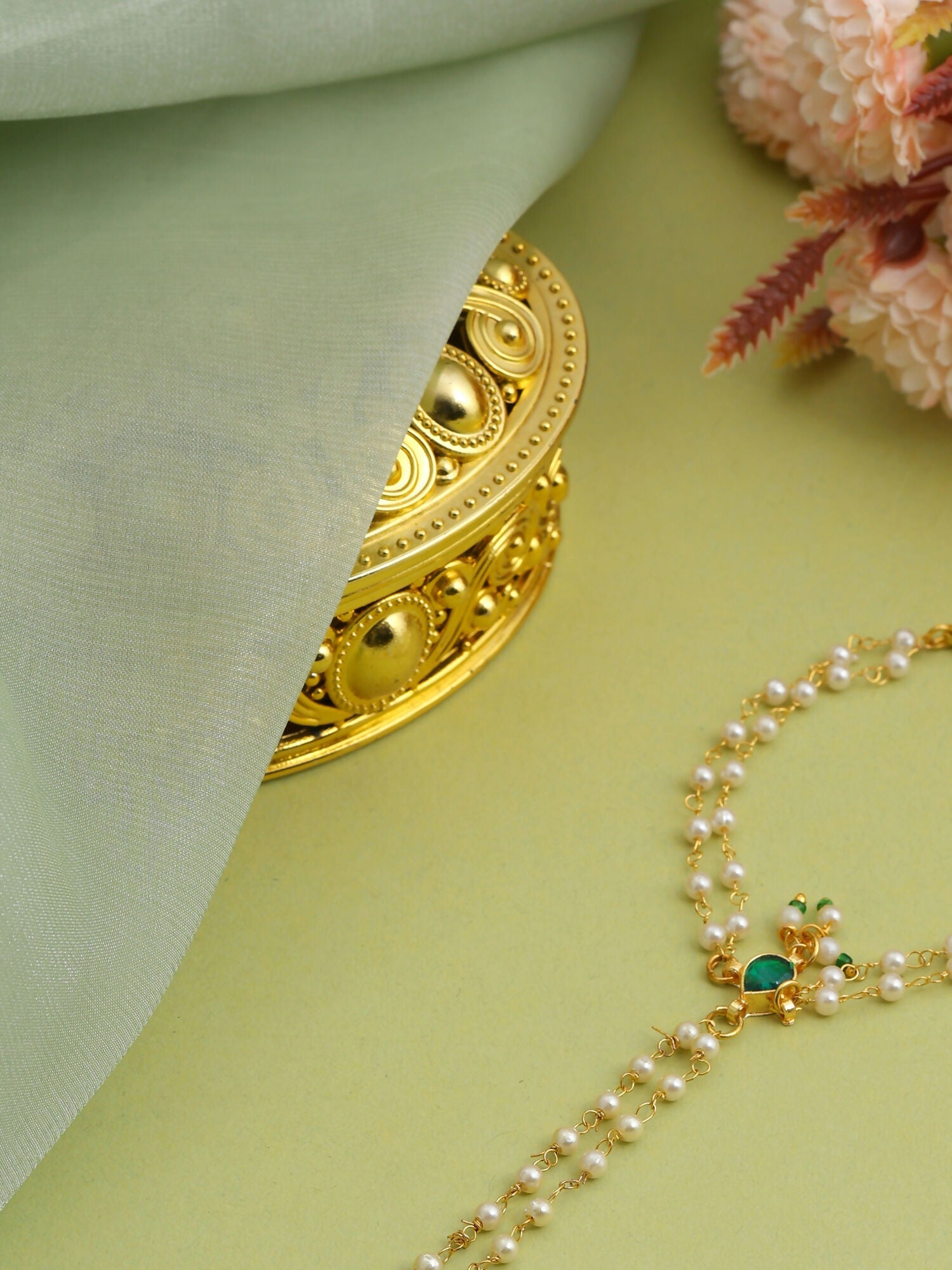 Ruby Raang Gold Hand Accessory With Green- White Kundan And Pearls